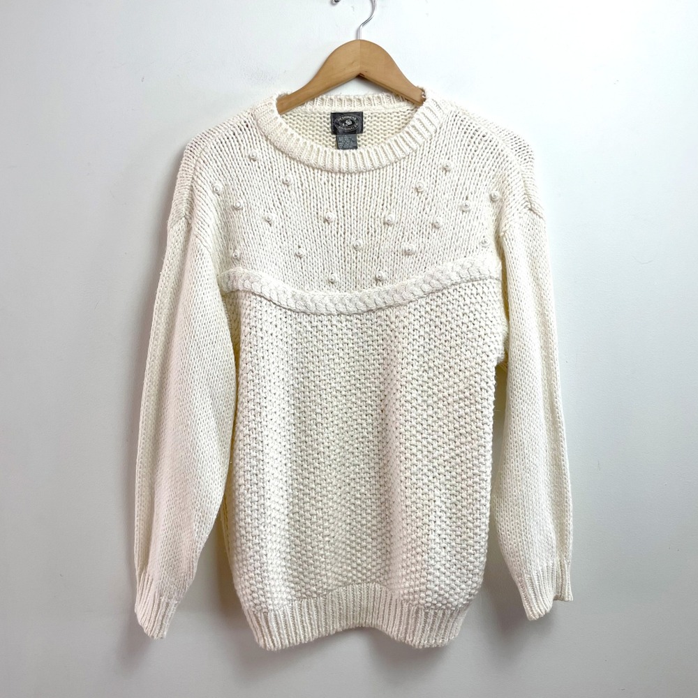 Cream White Chunky Knit Sweater Large Vintage 80s Embellished Cottage Vintage